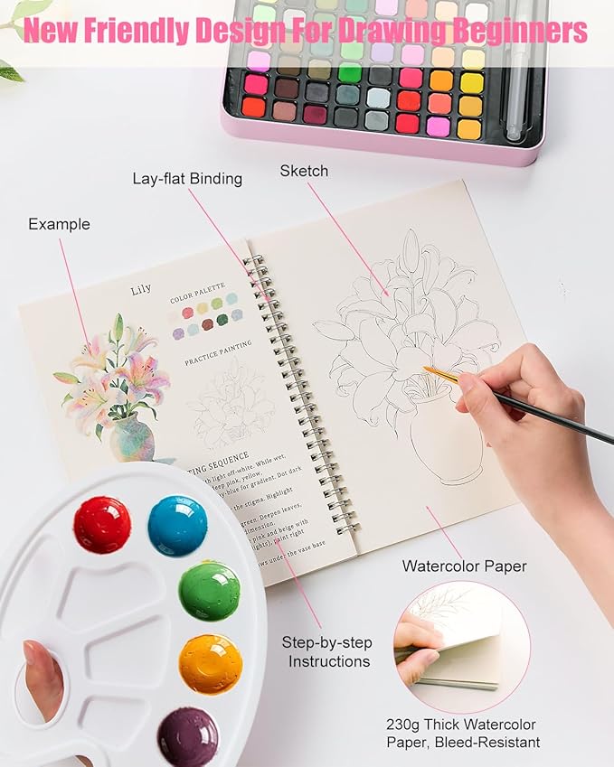 Water Colors Paint Adult Set for Beginner with Flower Watercolor Workbook