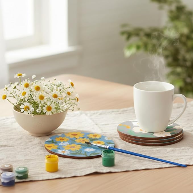 Reallnaive 8 Pcs Flower Paint by Numbers Kit for Adults Floral Coasters | Mini Paint by Numbers, Tiny Round Oil Painting Drink Coaster with Holder, for Small DIY Craft Birthday Gift