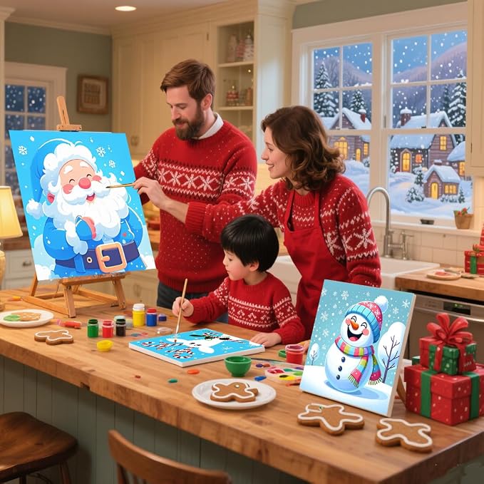 SYDYLH 6 Packs Framed Chrsitmas Paint by Numbers Kit for Kids Ages 8-12,Snowman Easy Acrylic Paint by Number Framed on Canvas,Number Painting Paint by Numbers Kit for Home Wall Decoe 8x8inch