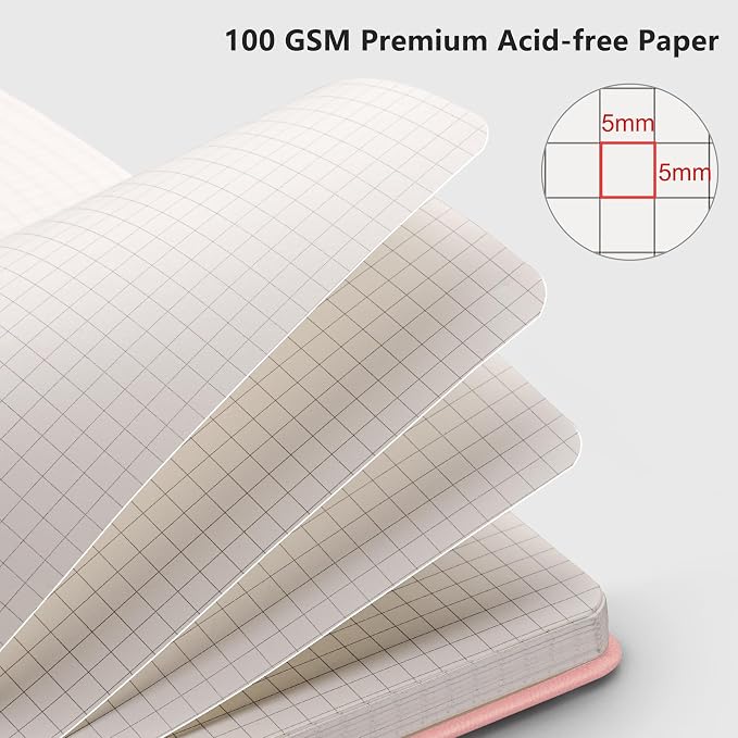 RETTACY Graph Grid Paper Notebook, 192 Pages, A5 Size (5.7'' x 8.3'') | 5 Squares per Inch, Leather Hardcover, 100 GSM Thick Paper, for School, Students, Math, Engineering (Pink)