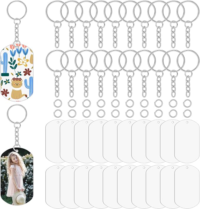 Acrylic Keychain Blanks Clear Ornament Blanks Set About 20 Clear Keychain Blanks with Hole 20 Key Rings with Chains and 20 Open Jump Rings for Vinyl DIY Keychain Crafts Jewelry Labels Gifts Packaging