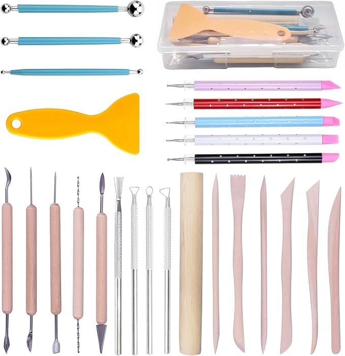 Polymer Clay Tools,25Pcs Pottery Sculpting Tools Set with Plastic Case for Ceramic Modeling Carving Beginners Expert Crafts Club, Dotting,Hobbyists, Artists