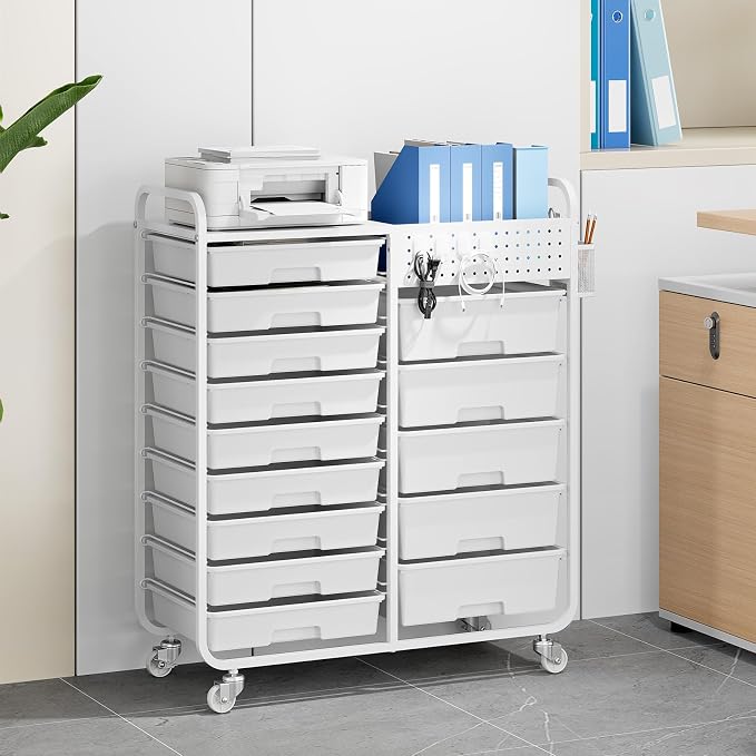 14 Drawer Rolling Storage Cart with Tabletop and Pegboard for Crafts White | Easy Setup, Large Capacity, Sturdy Build, Smooth Mobility, For classroom, office and dorm supplies