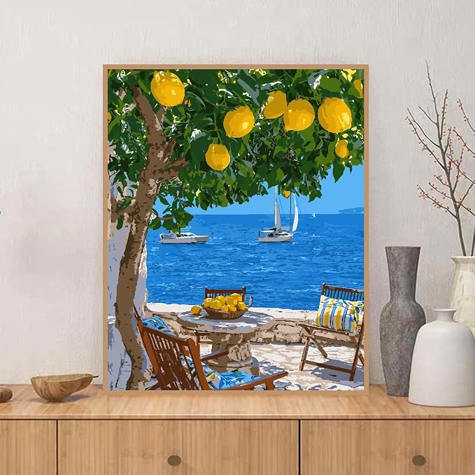 ZRIZQ Landscape Paint by Numbers Kit for Adults Beginner,Lemon Tree,16x20 | Full set with rich paints,wooden brushes,rolled canvas.Calming activity.Beginner friendly.Just open and paint.