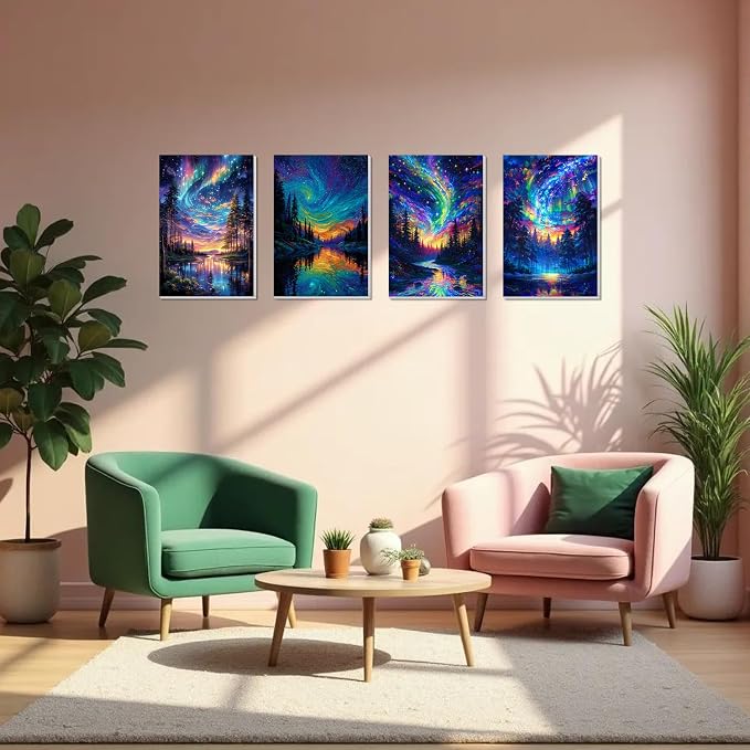 4 Pack Framed Paint by Numbers Kit for Adults Beginner Canvas Painting by Numbers for Adults Starry Night Easy Adult Paint by Number Kits with Frame Tree Watercolor Painting by Number 8x12 Inch