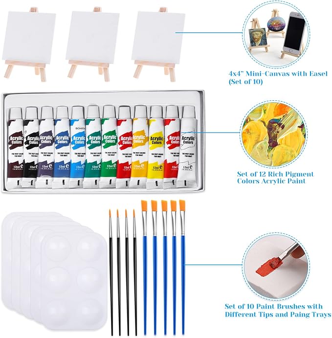 Mini Canvas and Easel, Cridoz 47 Pieces Small Canvas Painting Set Includes Mini Easel, Acrylic Paint, Paintbrushes and Palette for Artists Art Party Sip and Paint Night
