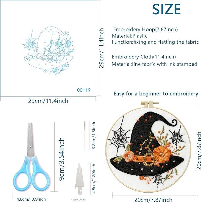 Zhenqing Halloween Witch Hat Embroidery Kit for Beginners, Black Witch Hat Needlework Kit with Pre-Printed Cotton Fabric, Hoop, Threads & Tools, Spooky Fall Decor (C0119)