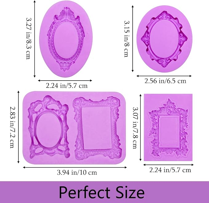 Silicone Frame Chocolate Molds, Vintage Ornate Picture Frame Fondant Molds, for Resin Casting Crafts Cake Decoration Set of 4