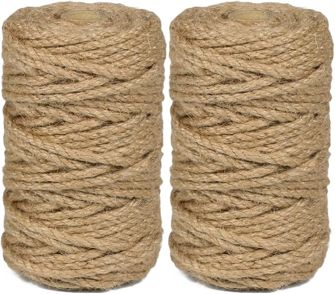 2Pack 5mm Natural Jute Twine Rope 210 Feet Twisted Heavy Duty Thick Twine for Cat Scratching Post Tree Craft Projects Garden Home Decoration Packing Bundling (Brown-105Feet/Roll)