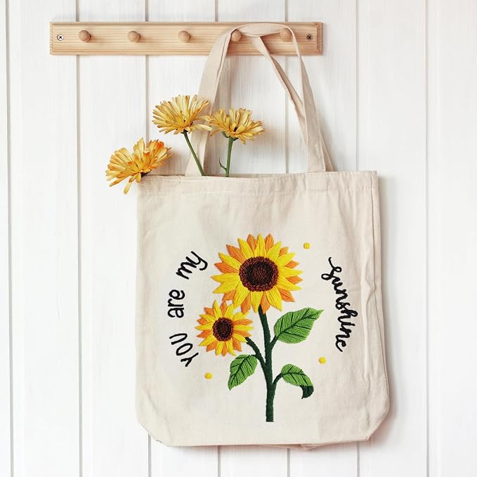Louise Maelys Embroidery Kit Canvas Tote Bag with Sunflower Pattern