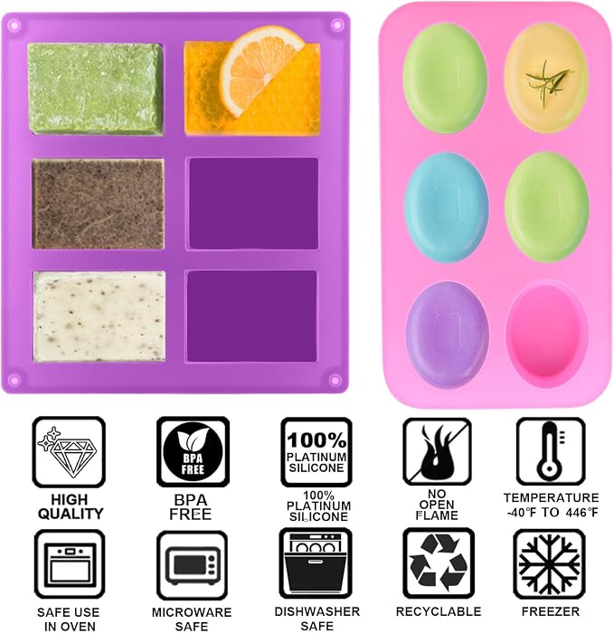 Lerykin Silicone Soap Molds, Oval & Rectangle Soap Bar Mold, 6 Cavities DIY Mould for Homemade Craft Soap, Pudding, Muffin, Chocolate, Brownie, Cornbread, Cheesecake, Cake & Ice Cube - Just Pop Out