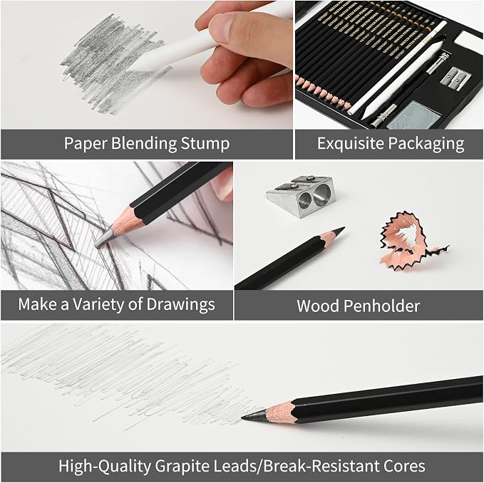 21pc Drawing Sketching Pencil Set Graphite 14B-5H & Charcoal Pencils | Professional Drawing & Sketch Pencil Set, White Charcoal Included, Shading & Blending, for Beginners & Artists