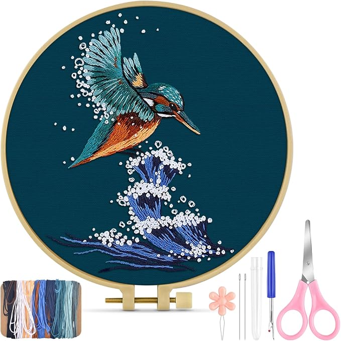 TINDTOP Embroidery Kit for Beginners Adult, Kingfisher Embroidery Kit for Beginners Include Embroidery Cloth Hoops Threads for Craft Lover Hand Stitch with Embroidery Skill Techniques | for Beginners Include Embroidery Cloth Hoops Threads for Craft Lov...