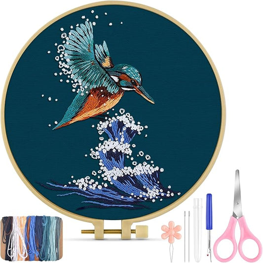 TINDTOP Embroidery Kit for Beginners Adult, Kingfisher Embroidery Kit for Beginners Include Embroidery Cloth Hoops Threads for Craft Lover Hand Stitch with Embroidery Skill Techniques | for Beginners Include Embroidery Cloth Hoops Threads for Craft Lov...