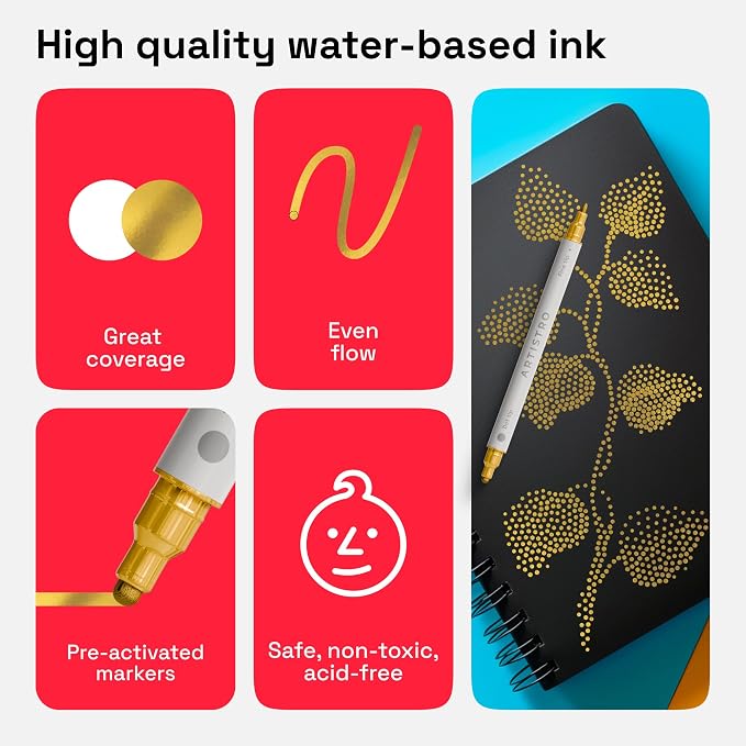 ARTISTRO Gold Dual-Tip Acrylic Paint Pens - Set of 2 | 5mm Dot + 1mm Fine Tips, Multisurface Markers, Perfect for Glass, Rock, Fabric, Wood, Plastic, & More