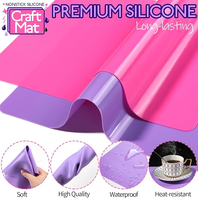 LEOBRO Silicone Mat, Silicone Mats for Crafts, 2pcs Silicone Mat for Jewelry Resin Molds, Silicone Mats for UV Resin Molds, DIY Art Crafts, Hot Pink & Light Purple, 11.69" x 8.26"