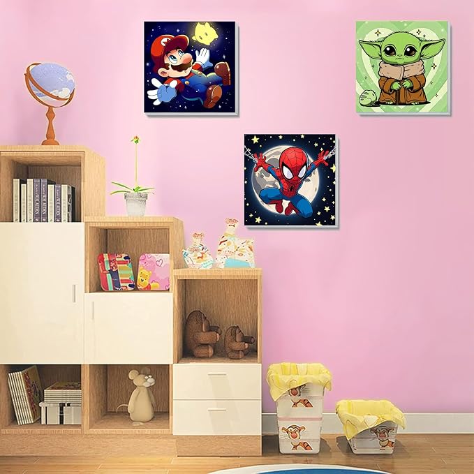 3 Pack Cartoon Paint by Numbers Kit for Kids with Frame Wooden Easel | Cute Kids Paint by Numbers Ages 4 8 12, DIY Acrylic Oil Painting for Home Wall Decor (8x8 inch)