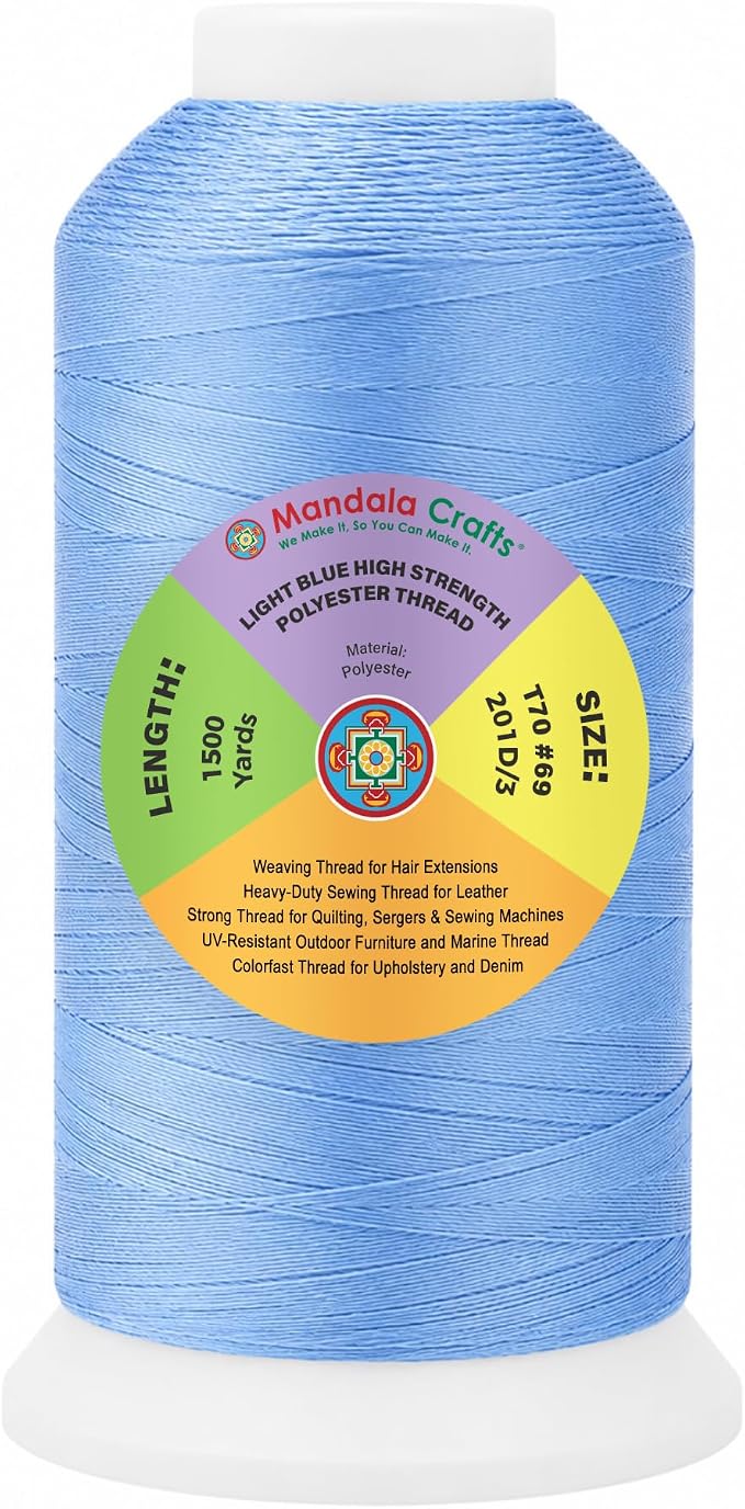 Mandala Crafts Light Blue Tex 70 Polyester Heavy Duty Thread for Upholstery | 1500 Yds T70 UV Resistant Strong Thread for Leather Sewing, Marine, Drapery, Jeans, Hair Weaving & Extension, Outdoor