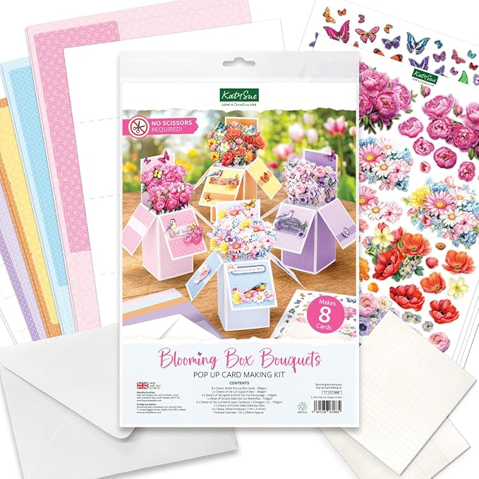 Katy Sue Blooming Box Bouquets Pop Up Card Making Kit. Make 8 3D Floral Box Cards. All-in-one Kit: Die-Cut Decoupage, Cardstock, Adhesive Pads, Envelopes & Instructions for Card Making Supplies