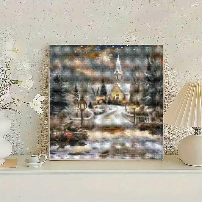 YIYITUPO Winter Church Snow Scene Diamond Painting Kit, 5D Christmas Diamond Painting, DIY Christmas Village Landscape Art Diamond Art Kits, 14X14 Inch Diamond Painting Kits for Beginners