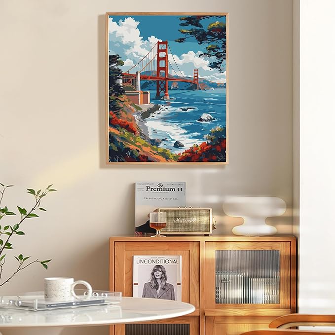 Paint by Numbers Kit for Adults Beginner 16x20 Inch, Golden Gate Bridge | DIY Acrylic Painting by Numbers San Francisco Scenery, Without Frame Canvas, Stress Relief Craft Kits, For Home Decor Gift