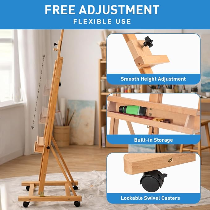 Falling in Art Large H-Frame Studio Artist Easel, Holds up to 51'', Natural