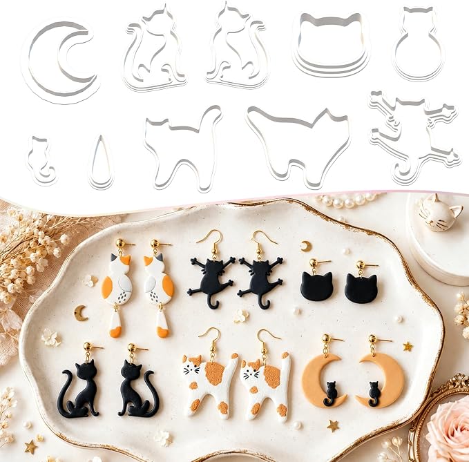 10pcs Cat Polymer Clay Cutters for Earrings, Moon & Cat Molds