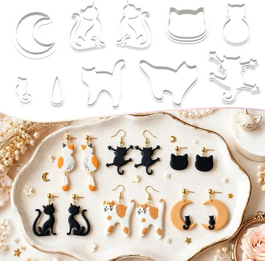 10pcs Cat Polymer Clay Cutters for Earrings, Moon & Cat Molds