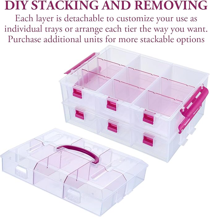 MyGift 11 Inch Clear Arts and Crafts Stackable Container, Sewing Supplies Storage Organizer Case with Pink Accents, 24 Customizable Compartments, and 6 Drawers with Removable Dividers