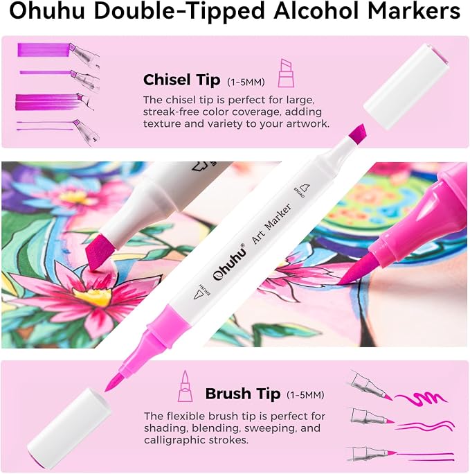 Ohuhu Alcohol Markers Brush& Chisel 96 Colors Drawing Markers for Coloring