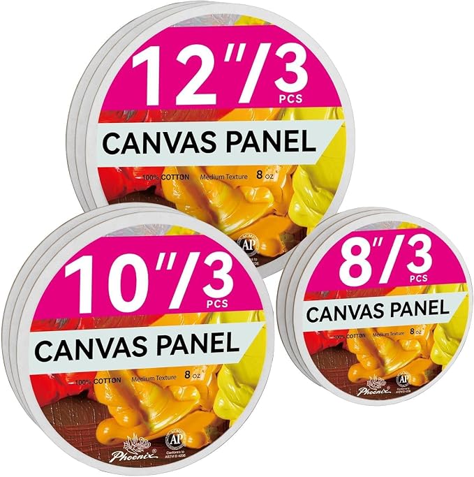 PHOENIX Round Canvas Painting Boards - 8 10 12 Inch/ 3 Pack Each - 9 PK Circle Canvas Boards for Painting - 100% Cotton Flat Triple Primed Blank Canvas for Oil, Acrylic Painting & Crafts
