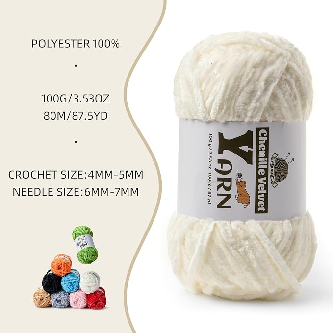 Chenille Crochet White Yarn 4 Pack