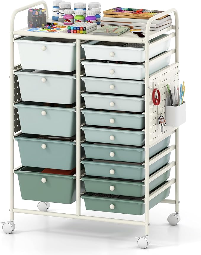Giantex 15 Drawer Storage Cart, Rolling Craft Cart with Metal Tabletop & Pegboard, Mobile Utility Organizer Trolley with Locking Wheels, Home Office, Classroom, Teacher Supplies, Green Gradient