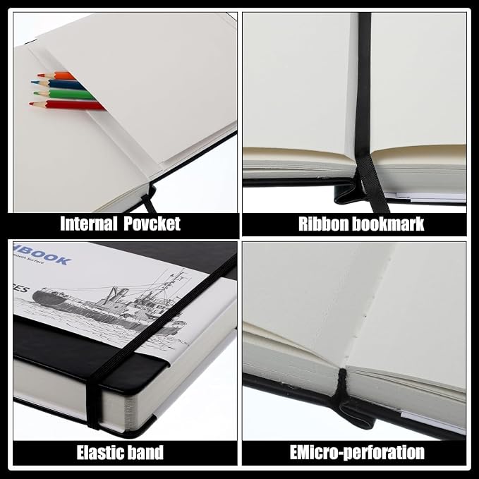 Hardcover Sketchbook 5×7 in, 180 GSM, 80 Sheets/160 Pages, Black | Acid-Free Heavy Paper, Pu Cover, Perforated Pages, Elastic Closure, Back Pocket, for Drawing & Sketching