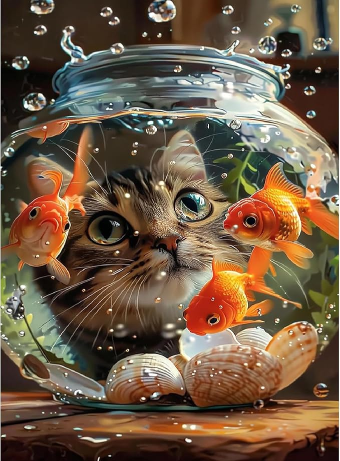 Cat Goldfish Paint by Numbers Kit for Adults Framed Canvas, Frameworkless | Easy Adult Paint by Number Kits on Canvas DIY Cat Goldfish Painting for Beginners Art by Numbers for Home Wall Decor 12X16 in