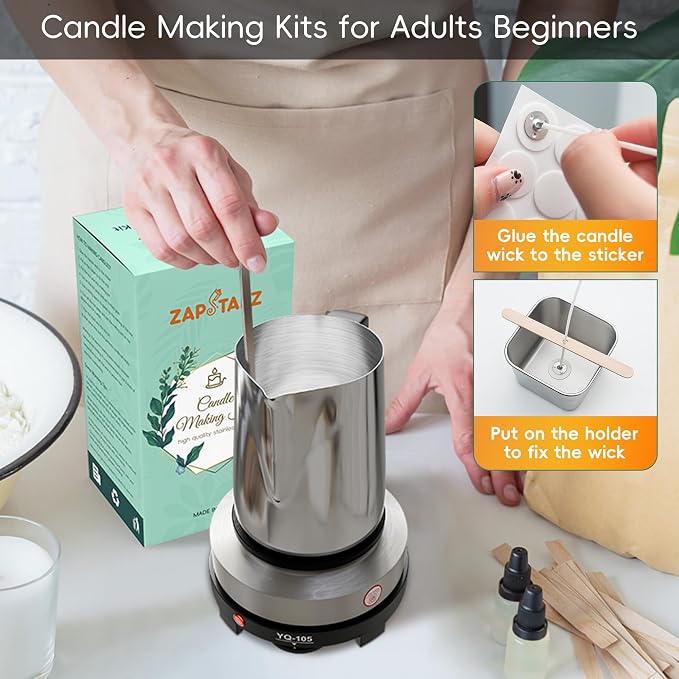 Zapstarz Candle Making Kit with Hot Plate, for Adults, Beginners | Candle Making Supplies with Wax Melting Pot, Candle Wicks, Stickers, Stirring Spoon, Anti-Scald Pad, Wooden Holders