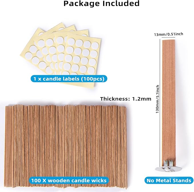 Ziosxin 100 Pieces Thicken Smokeless Cherry Wood Candle Wicks-Long Lasting Flame-Easily Burn,Candle Wick H*W*D(5.1"*0.5"*0.07"/13 * 1.3 * 0.18cm),Natural Candle Cores with Glue Dot(Without Base)