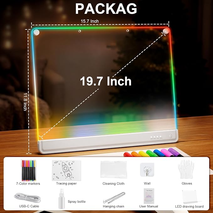 19.7-Inch Rechargeable Doodle Glow LED Note Board,15-Color Light Effects,Neon Light Up Drawing Tablet Up Drawing Pad Dry Erase with Built-in Stand,Gift Toy for Kids/Girls/Teens,7 Markers Tracing Book