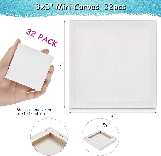 32PCS Mini Canvases for Painting – 3 x 3 in Bulk Small Square Stretched Canvases, 0.4 in Thick Blank Canvas for Students, Art Supplies, School & Home Crafts