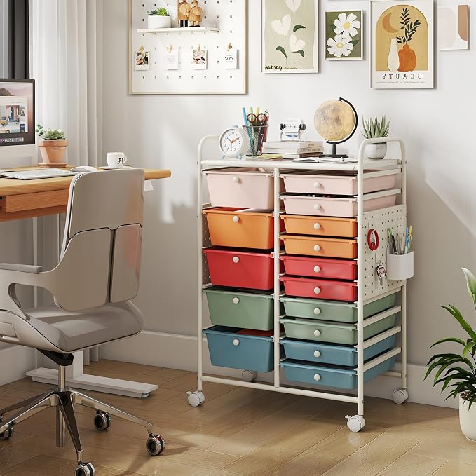 Giantex 15 Drawer Storage Cart, Rolling Craft Cart with Metal Tabletop & Pegboard, Mobile Utility Organizer Trolley with Locking Wheels, Home Office, Classroom, Teacher Supplies, Macaron Multicolor