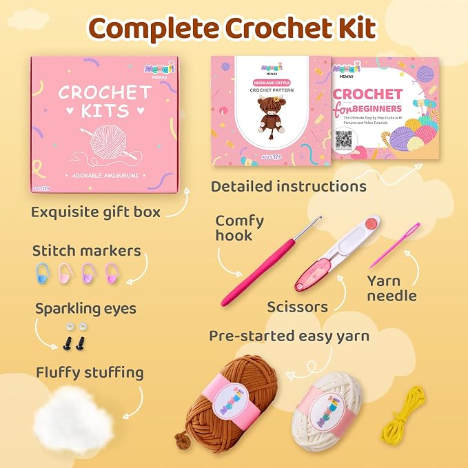 Mewaii Highland Cattle Crochet Kit for Beginners, 40% Extra Yarn | Video Tutorial, Pre-Started Piece, Gift Box, Level 1 Starter Kit, Family Craft for Adults, Kids & Beginners