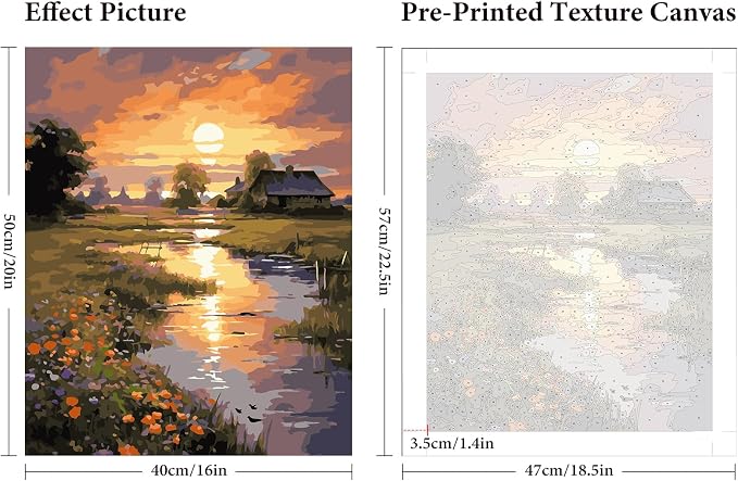 Paint by Numbers Kit for Adults Beginner 16x20 Inch, Countryside Sunset | DIY Acrylic Painting by Numbers Riverside Cabin Landscape, Without Frame Canvas, Stress Relief Craft Kits, Home Decor Gift