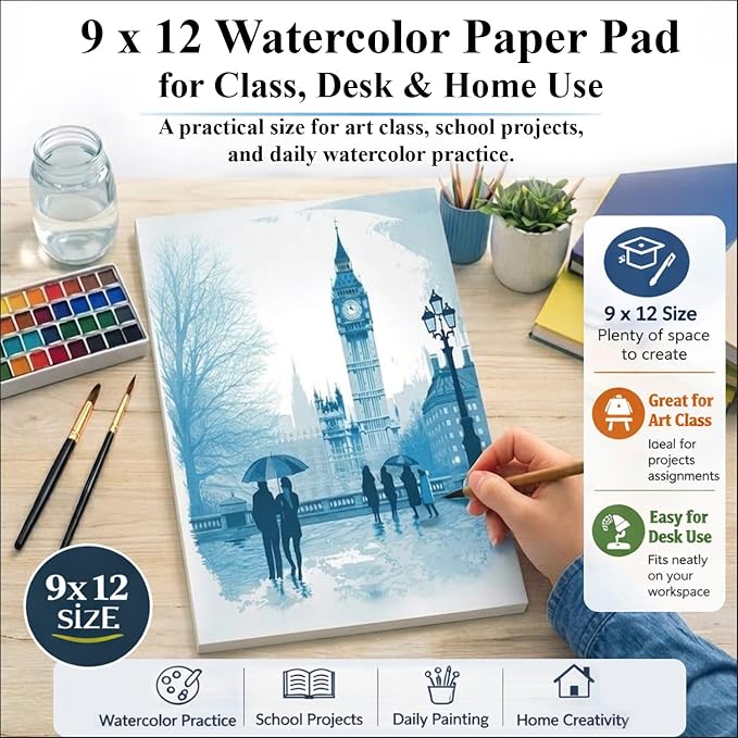 Ogfu Watercolor Paper Pad, 9"x12" Water Color Paper, 140lb/300gsm | Watercolor Sketchbook for Beginners, Students, Art Paper for Watercolor Painting, Drawing & Art Supplies,16 Sheets