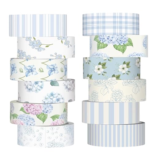 12 Rolls Floral Washi Tape Set,Light Blue,Hydrangea | Watercolor Flowers Design for Scrapbook Journal DIY Craft School Supplies, 15 mm Vintage Decorative Masking Washi Tapes