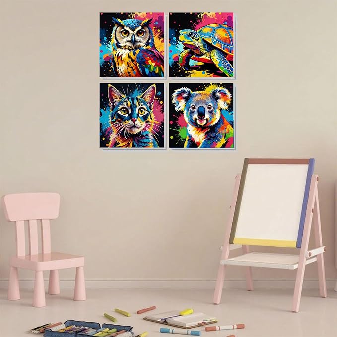 Arttoplus 4 Pack Paint by Numbers Kit for Kids with Frame 8x8in, Animals | Kids Paint by Numbers Ages 4-8-12 with Wooden Easel, Easy Owl Koala Cat Turtle DIY Oil Painting by number for Gift Home Decor