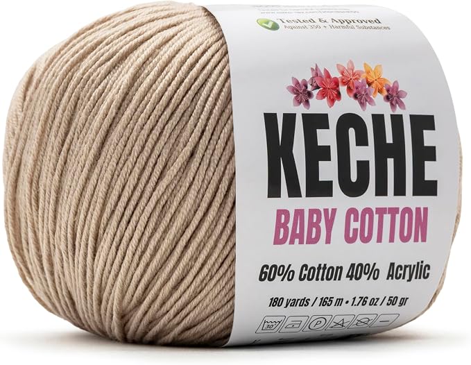 Keche Cotton Yarn, 60% Cotton 40% Acrylic Yarn, Soft Cotton Yarn for Crochet and Knitting, Amigurumi Yarn 1 Skein/Ball 1.76 Oz (50g) / 180 Yrds (165m) - Sand