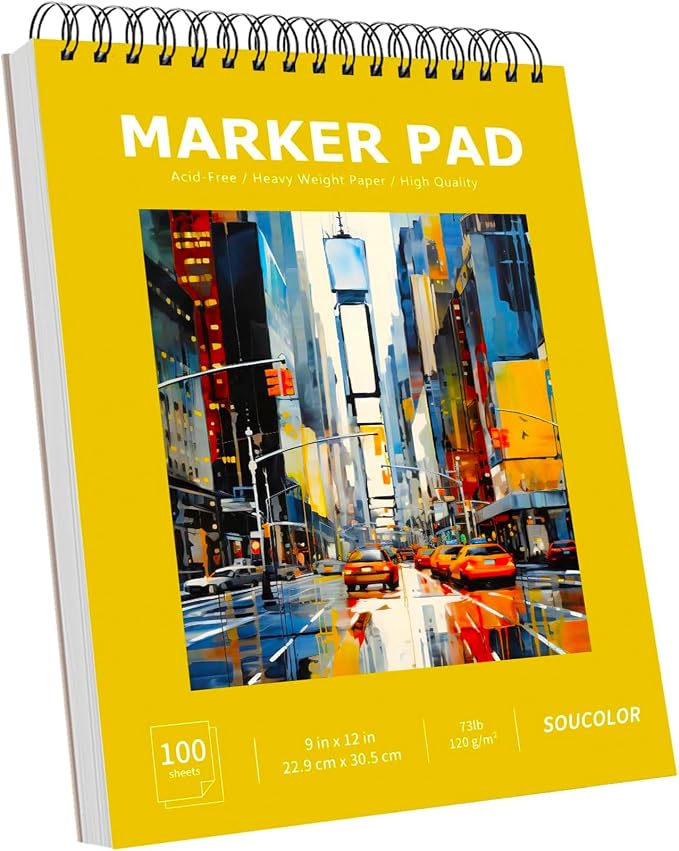 Soucolor Marker Paper Sketchbook,Bleedproof Maker Paper 9"x12" | Professional Bleedproof Marker Pad for Alcohol Markers 100 Sheets 73lb/120gsm Thick No-Penetration Drawing Paper