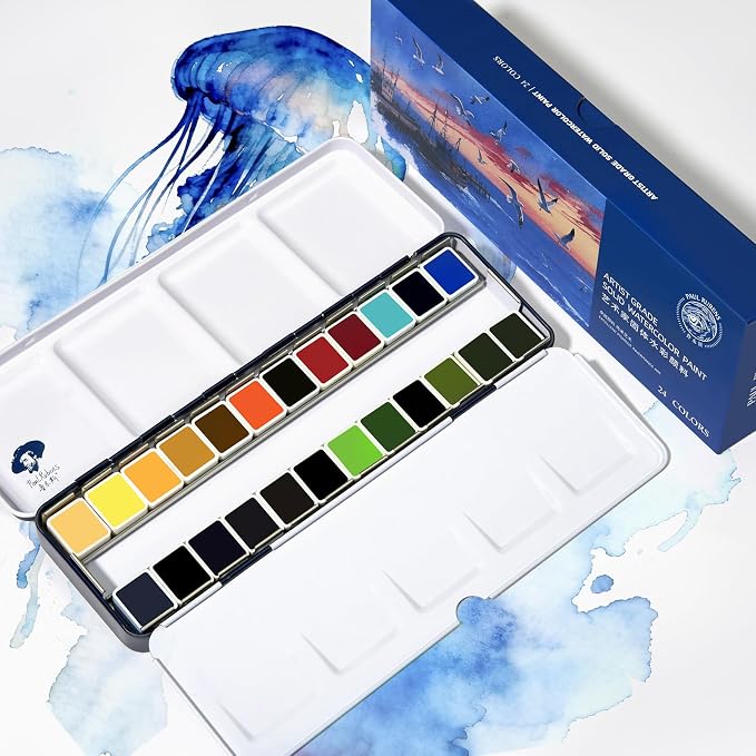 Paul Rubens Artist Watercolor Set, 24 Vibrant Ocean Colors for Seascape | High Lightfastness & Unmatched Transparency, Portable Metal Case Art Supplies for Artists Beginners Hobbyists Students
