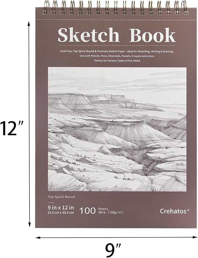 Crehatos 9" x 12" Sketch Book, Top Spiral Bound Sketch Pad, 100 Sheets 68lb/100gsm Drawing Paper, 1 Pack | Top Spiral Bound Sketch Pad, 68lb/100gsm Drawing Paper for Dry Media