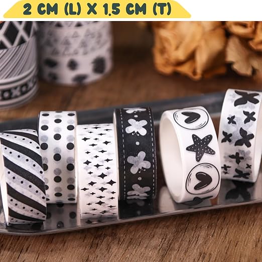 Washi Tape Set, 60 Rolls Decorative Masking Tape Bulk for Scrapbooking | Black White Bullet Journal, DIY Arts and Crafts, Planner, Gift Wrapping, Gothic Aesthetic Grid Geometric Patterns